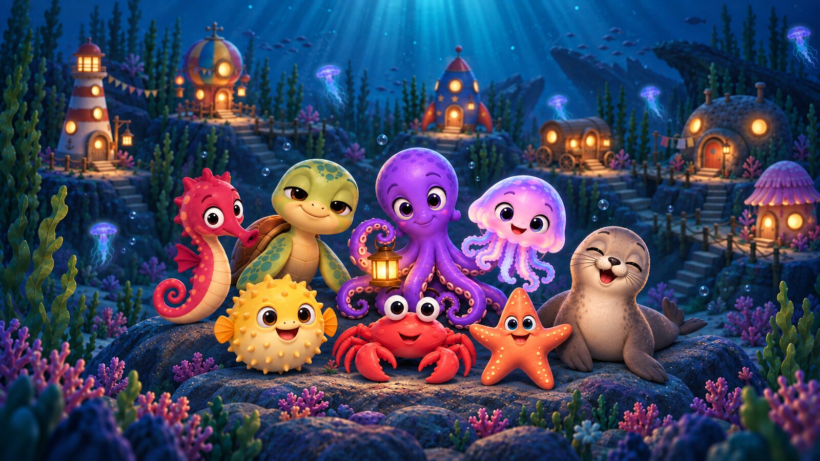 Eight sea friends under the sea at night